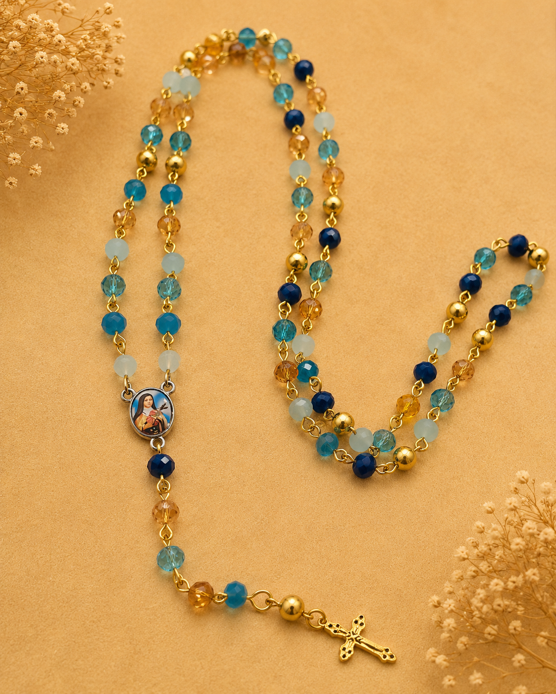Blue, Gold & Aqua Beaded Rosary