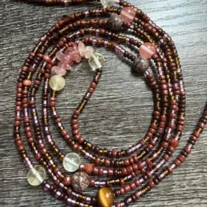 Foxy Brown handmade waistbeads featuring Watermelon Quartz, Strawberry Quartz, Tiger Eye, Sandstone, and Clear Quartz stones