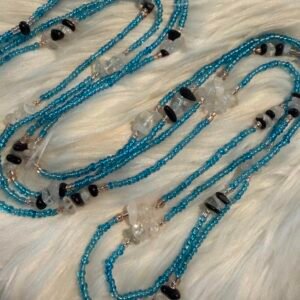 Moon Water handmade aqua blue waistbeads featuring Black Obsidian and Clear Quartz crystal chips
