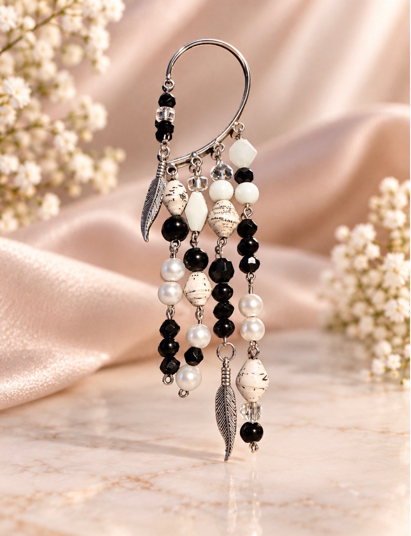 Black & Ivory Feather Ear Cuff